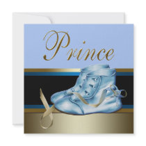 Blue Shoes Black Gold Crown Prince Baby Shower Custom Invitation