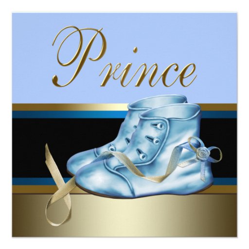 Blue Shoes Black Gold Crown Prince Baby Shower Custom Announcement