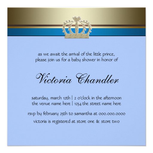 Blue Shoes Black Gold Crown Prince Baby Shower Custom Announcement