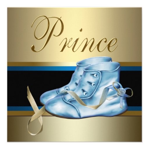 Blue Shoes Black Gold Crown Prince Baby Shower Invite