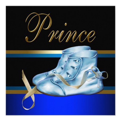 Blue Shoes Black Gold Crown Prince Baby Shower Personalized Announcement