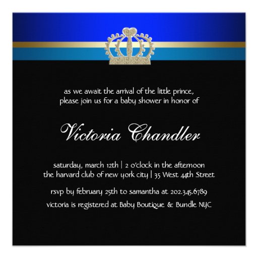 Blue Shoes Black Gold Crown Prince Baby Shower Personalized Announcement
