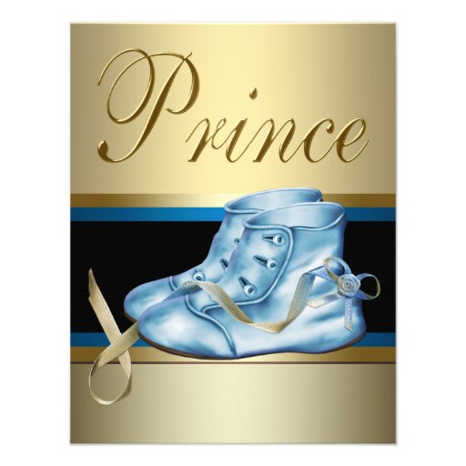 Blue Shoes Black Gold Crown Prince Baby Shower Announcement