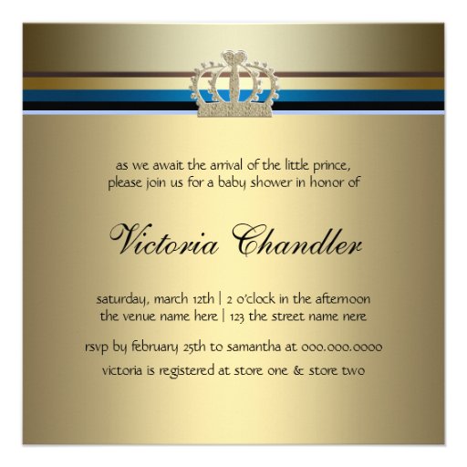 Blue Shoes Black Gold Crown Prince Baby Shower Personalized Announcements