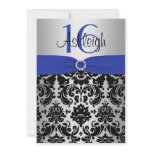 Blue, Silver, and Black Damask Sweet 16 Invitation