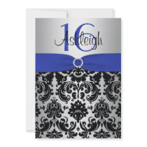 Blue, Silver, and Black Damask Sweet 16 Invitation