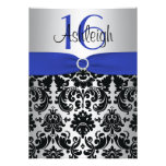 Blue, Silver, and Black Damask Sweet 16 Invitation