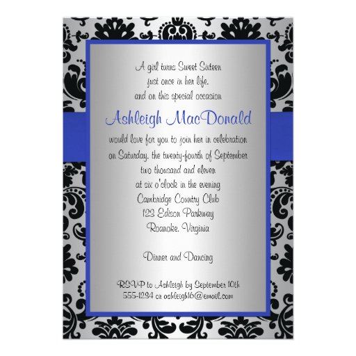 Blue, Silver, and Black Damask Sweet 16 Invitation