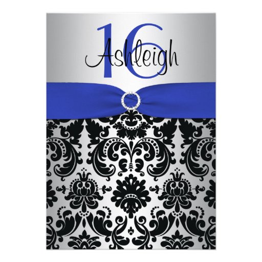 Blue, Silver, and Black Damask Sweet 16 Invitation