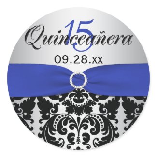 Blue, Silver, Black Damask Quinceanera Sticker