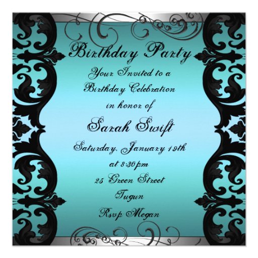 Blue & Silver Damask Sweet 16 Birthday Invitation