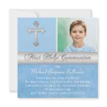 Blue Silver First Holy Communion Photo Invitation