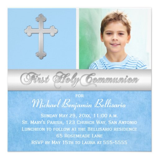 Blue Silver First Holy Communion Photo Invitation