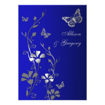 Blue, Silver Floral Butterflies Wedding Invitation