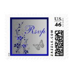 Blue, Silver Floral, Butterflies Wedding RSVP Stamps