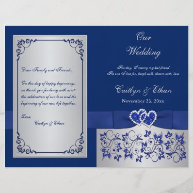 Blue, Silver Floral Hearts Wedding Program
