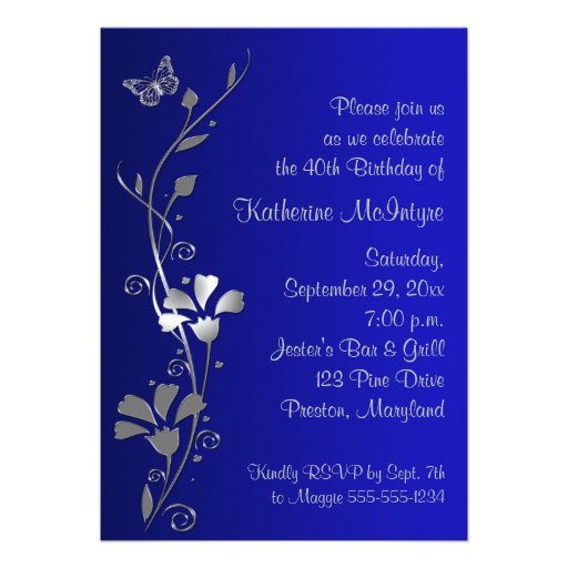 Blue, Silver Flowers & Butterflies 40th Birthday Personalized Invites