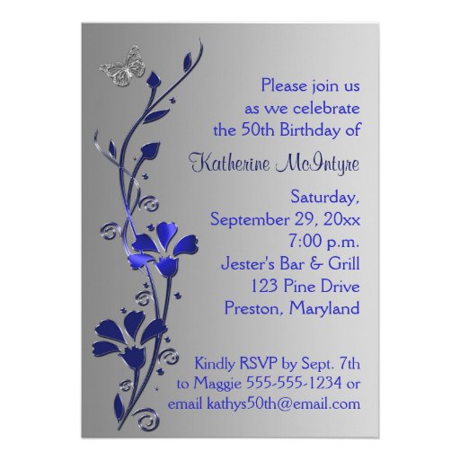 Blue, Silver Flowers & Butterflies 50th Birthday Custom Invitation