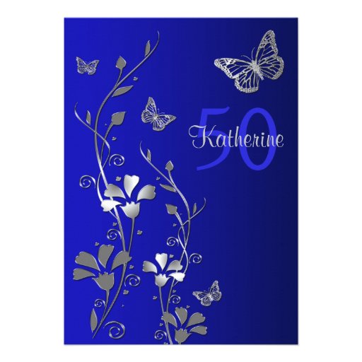 Blue, Silver Flowers & Butterflies 50th Birthday Custom Invitation