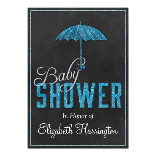 Blue Silver Glitter Baby Boy Shower Umbrella Invites