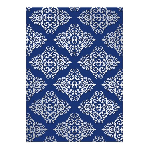 Blue, Silver Glitter Damask Bridal Shower Invite