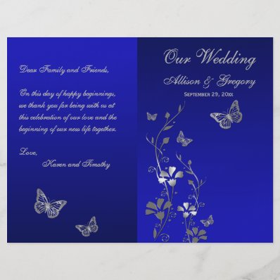 Blue, Silver Gray Butterfly Floral Wedding Program
