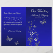 Blue, Silver Gray Butterfly Floral Wedding Program Flyer Design