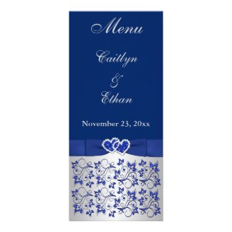 Blue, Silver Gray Floral, Hearts Menu Card Custom Rack Card