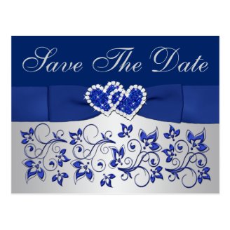 Blue, Silver Gray Floral Save the Date Postcard