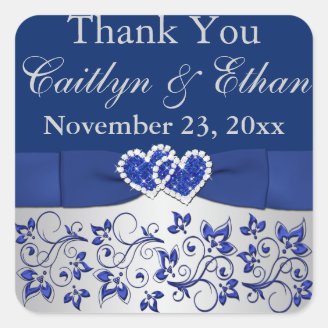 Blue, Silver Gray Floral Wedding Favor Sticker