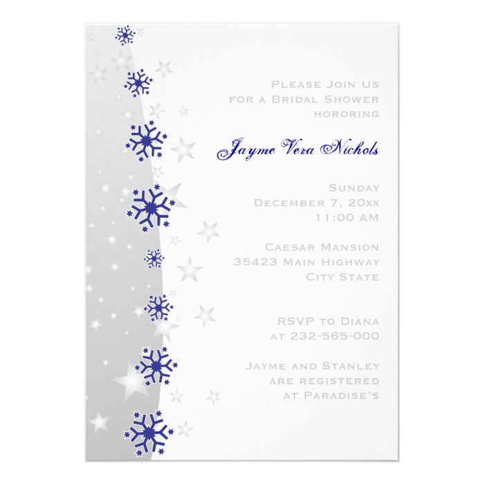 Blue, silver grey snowflake wedding bridal shower invitations