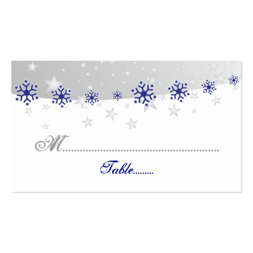 Blue, silver grey snowflake wedding place card business card templates (back side)