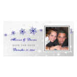 Blue, silver grey snowflake wedding Save the Date Photo Greeting Card