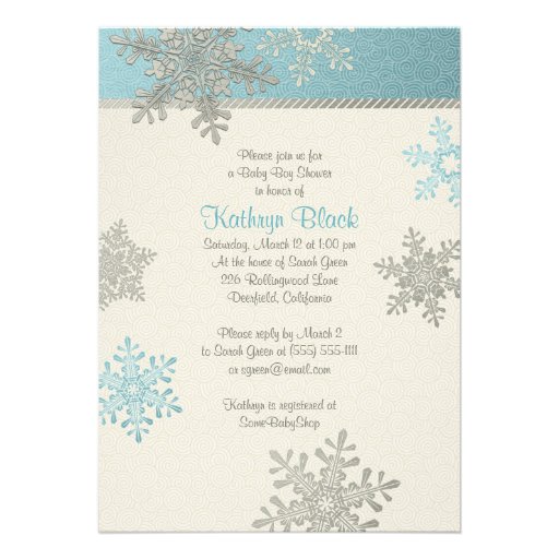 Blue Silver Ivory Snowflake Winter Baby Shower Personalized Invitation