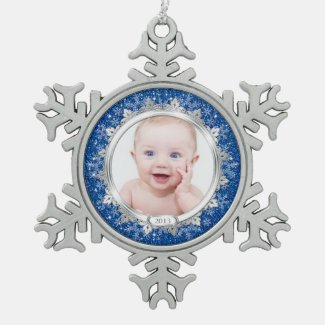 Blue Silver Photo Baby's First Christmas (Xmas) Ornaments