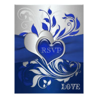 Blue, Silver Scrolls, Hearts RSVP Card Personalized Announcements