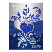 Blue, Silver Scrolls, Hearts Wedding Invitation