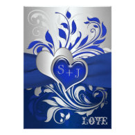 Blue, Silver Scrolls, Hearts Wedding Invitation