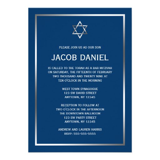 Blue Silver Star of David Bar Mitzvah Invitations (front side)