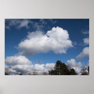 blue sky,  white clouds and trees poster