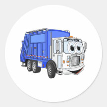 Blue Smiling Cartoon Garbage Truck Round Sticker