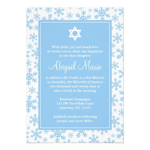 Blue Snowflake Border Star of David Bat Mitzvah Personalized Invitation