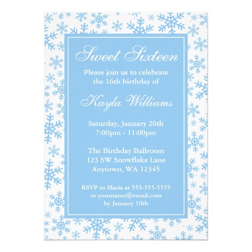 Blue Snowflake Border Winter Wonderland Sweet 16 Invitations
