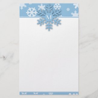 Blue Snowflake Border with Monogrammed Snowflake Stationery Design