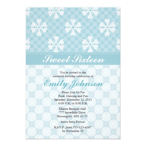 Blue Snowflake Sweet Sixteen Invitations (front side)