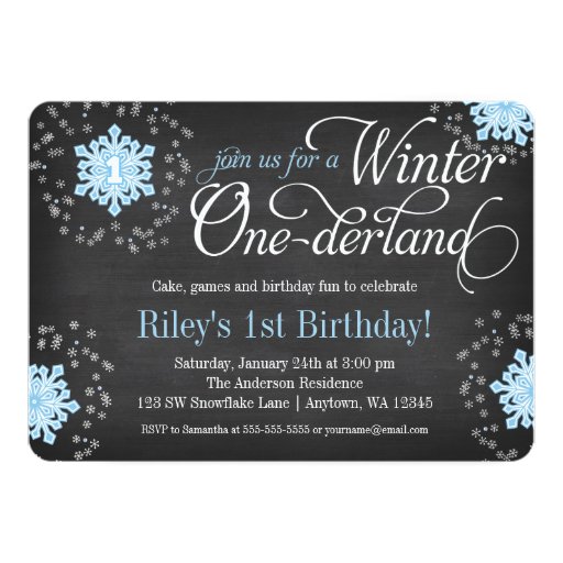 Blue Snowflakes Chalkboard Winter Onederland Personalized Invitations (front side)