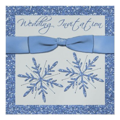 Blue Snowflakes on Silver Square Wedding Invite