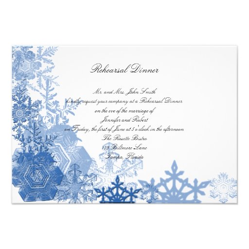 Blue Snowflakes on White Wedding Rehearsal Dinner Personalized Announcement (front side)