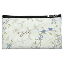Blue Song Birds Flowers Floral Personalized Cosmetic Bags