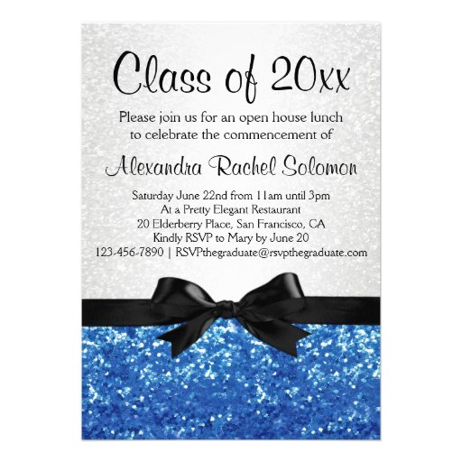 Blue Sparkle-look Bow Graduation/Party Personalized Invites (front side)